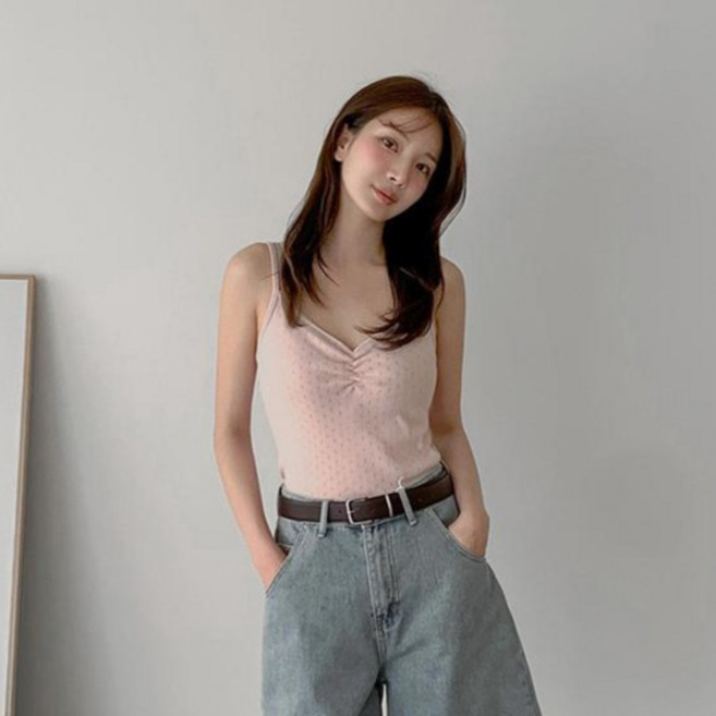 큐니걸스 여성용 여리펀칭 셔링 레이스 끈 나시