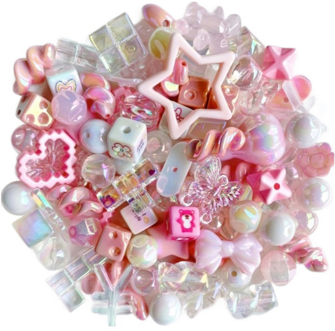 포즈샤인 블링 비즈 팔찌 스트랩 키링 만들기 공예 재료 랜덤믹스 50g + 미니롤 세트, 핑크(비즈), 1세트