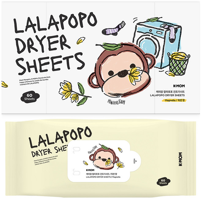 케이맘 유아용 랄라포포 건조기 드라이시트 섬유유연제 목련향 60p, 196g, 1개
