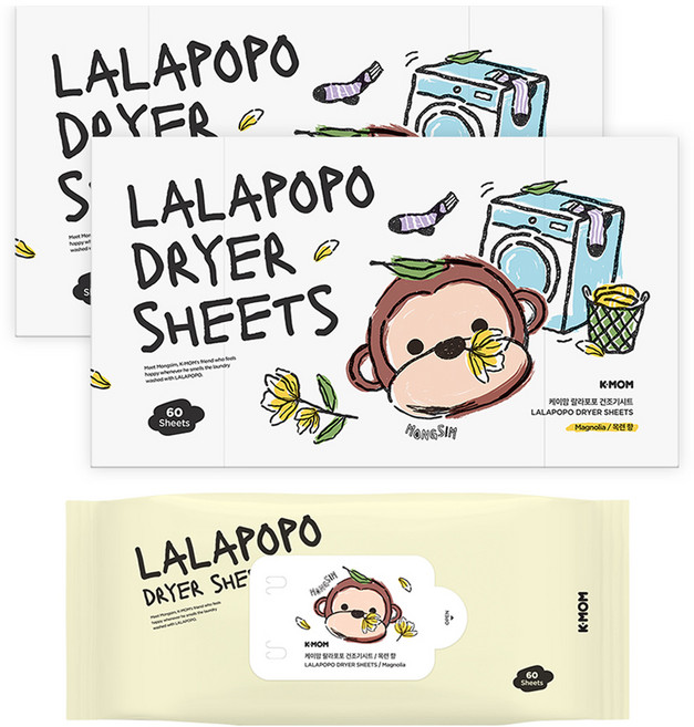 케이맘 유아용 랄라포포 건조기 드라이시트 섬유유연제 목련향 60p, 196g, 2개