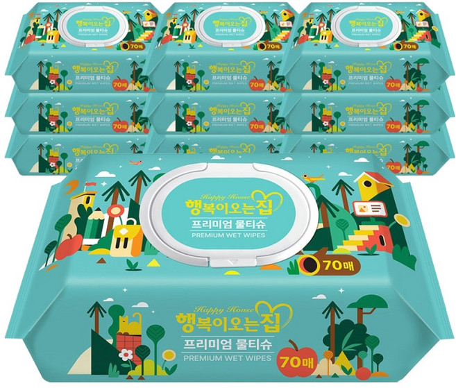 행복이오는집 물티슈 캡형, 65g, 70매, 10개