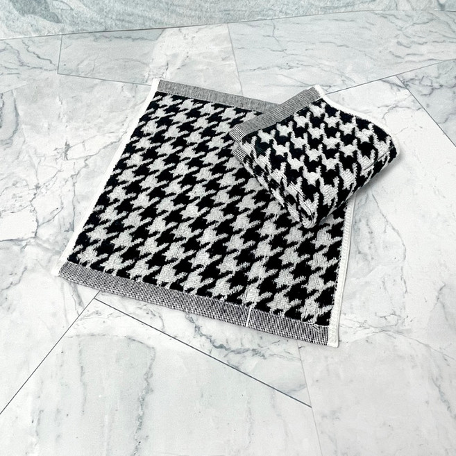 LIFE 來福牌 極致千鳥格緹花方巾 超柔軟精梳棉面巾 23x23公分 台灣製, 黑色/白色, 1條