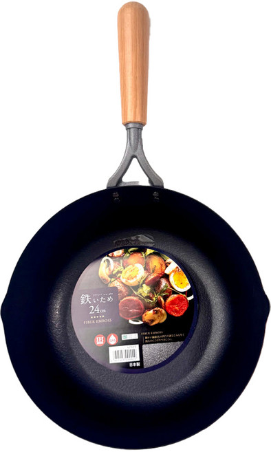 SHIMOMURA 下村 纖維壓紋深炒鐵鍋 IH爐適用, 黑色, 1個, 24cm