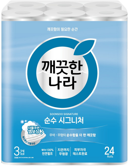 깨끗한나라 3겹 천연펄프 순수 시그니처 화장지, 27m, 24롤, 1개