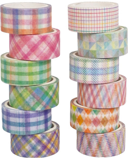 프레임키 사각형 스트라이프 패턴 마스킹테이프 데코용 15mm x 3m, 혼합색상, 12개
