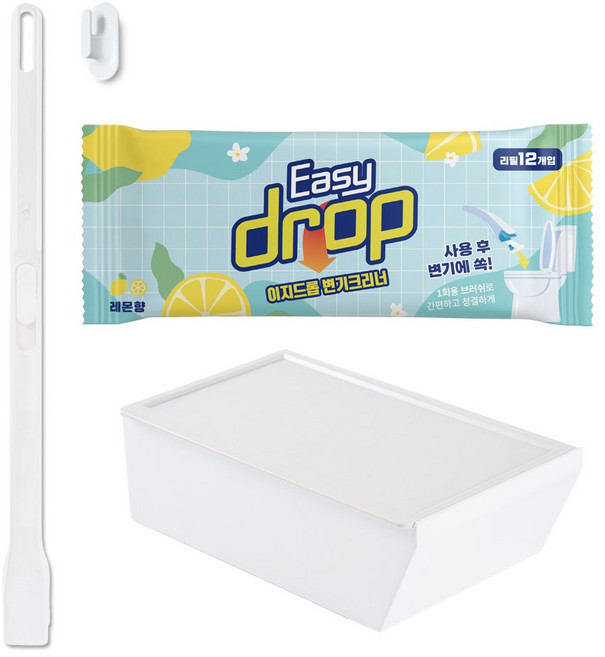 이지드롭 일회용 변기 클리너 뉴 레몬향 브러쉬 리필 12p + 핸들 + 전용고리 + 전용 보관케이스 세트, 화이트, 1세트