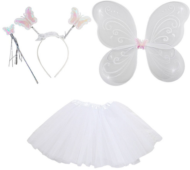 파티공구 요정 날개 + 머리띠 + 봉 + 치마 파티세트, 화이트 + 화이트, 1세트