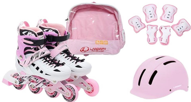 랜드웨이 아동용 모션 인라인 스케이트 + 헬멧 + 보호대 + 가방 세트, 핑크, 1개