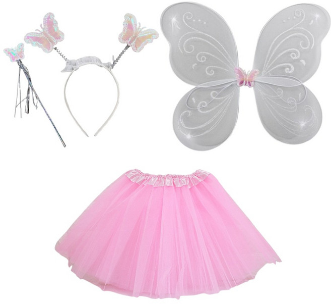 파티공구 요정 날개 + 머리띠 + 봉 + 치마 파티세트, 화이트 + 핑크, 1세트