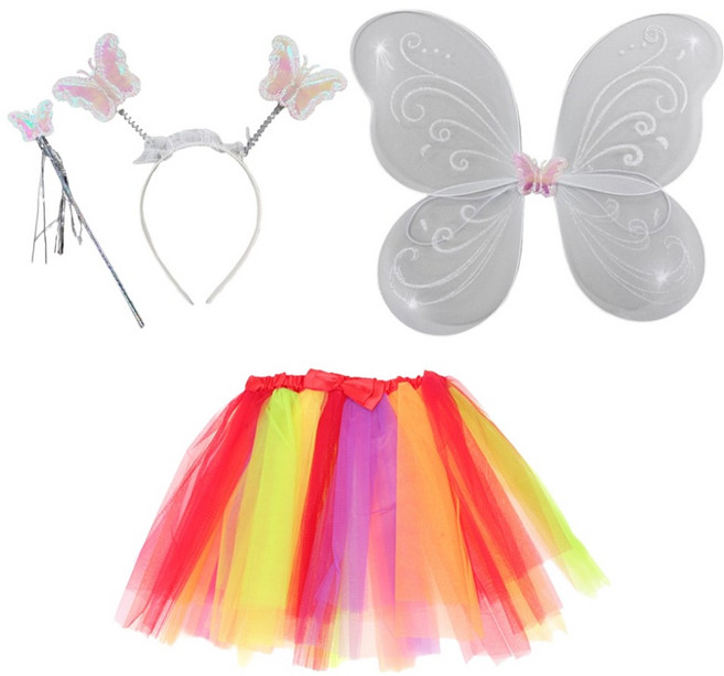 파티공구 요정 날개 + 머리띠 + 봉 + 치마 파티세트, 화이트 + 레인보우, 1세트