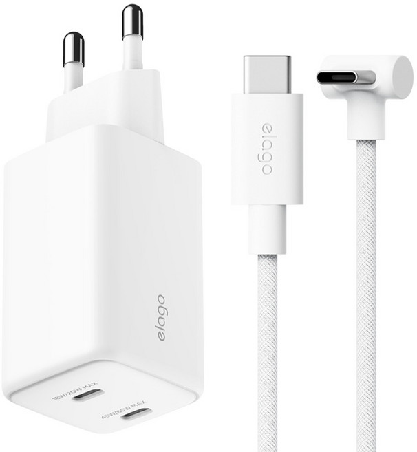엘라고 65W USB C타입 고속 충전 듀얼 어댑터 + C to C 90도 고속 케이블 세트, 화이트, 1세트