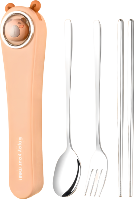 萌趣動物便攜餐具 全銀筷叉勺3件組, 筷子 + 叉子 + 湯匙, 1組, 卡皮巴拉