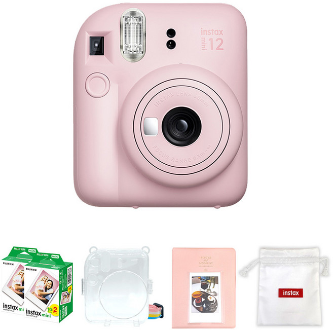 FUJIFILM 富士 instax mini12 拍立得相機 櫻花粉 + mini底片 40張 + 透明保護殼 + 馬卡龍雙層相簿 隨機出貨 + Logo收納袋 隨機出貨 套組, 1套, 單一商品