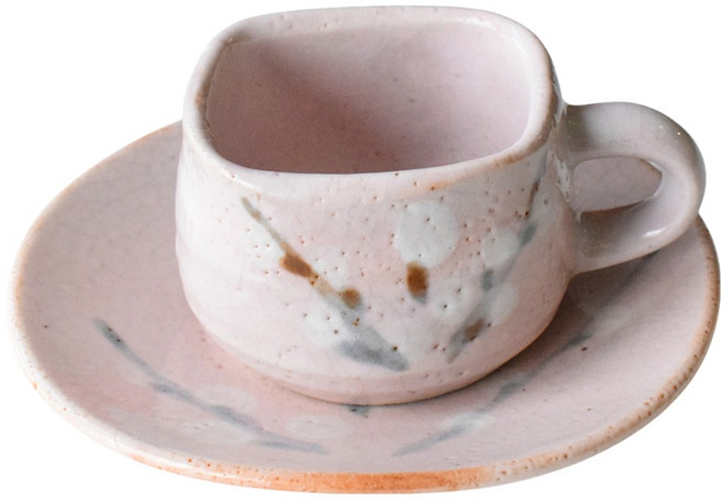 SAWATOUKI 佐和陶瓷 粉志野梅咖啡組 日本製 杯含耳 10 x 5.5cm 盤 14.5 x 2.5cm 130ml, 粉色, 1組