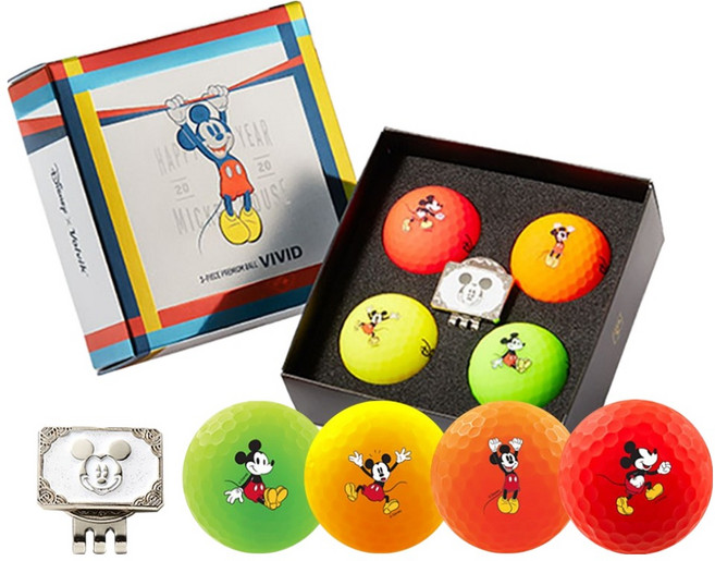 볼빅 비비드 디즈니 미키마우스 골프공 정품볼 3피스 4종 + 볼마커 세트, 혼합색상, 1세트