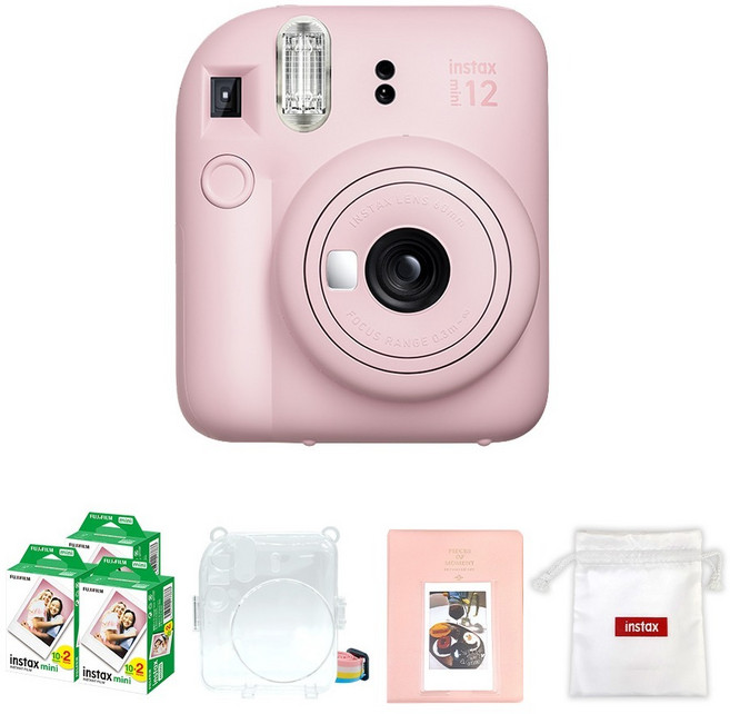 FUJIFILM 富士 instax mini 12 拍立得相機 櫻花粉 + mini 底片 60張 + 透明保護殼 + 馬卡龍雙層相簿 + Logo 收納袋組合, 1套