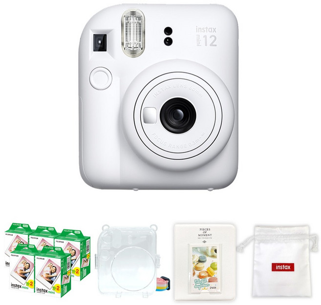 FUJIFILM 富士 instax Mini 12 拍立得相機 黏土白 + Mini 底片 100p + 透明保護殼 + 馬卡龍雙層相簿 + Logo 收納袋組合, 1套