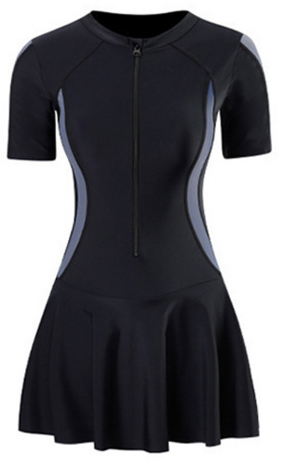 Goodif 女款遮肉裙式美型運動風連身泳衣, 黑色