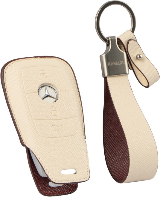 카마루 벤츠 호환 E클래스 C클래스 S클래스 차량용 가죽 키케이스 키홀더, 화이트 + 버건디(키케이스), 실버(키링), BENZ B