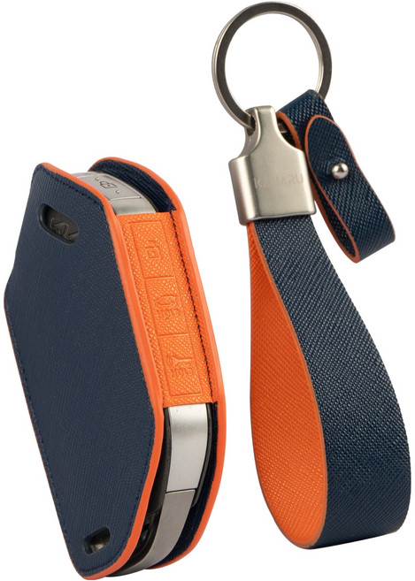 카마루 기아 호환 스포티지 쏘렌토 K3 K5 K7 K8 K9 EV3 EV4 EV6 EV9 타스만 카니발 차량용 가죽 키케이스 키홀더, 네이비 + 오렌지(키케이스), 실버(키링), 기아 l