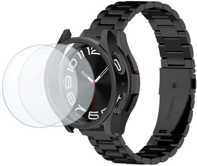 칸탐 갤럭시워치 6 클래식 메탈 스트랩 + 강화유리 필름 + 하드 케이스 세트, 블랙, 1개