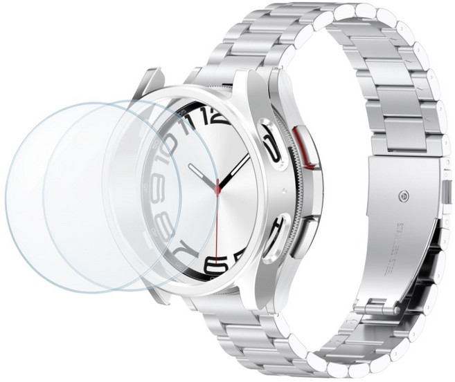 칸탐 갤럭시워치 6 클래식 메탈 스트랩 + 강화유리 필름 + 하드케이스 세트, 실버, 1개