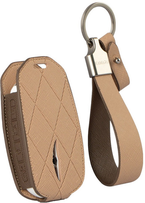 카마루 제네시스 G70 G80 G90 GV60 GV70 GV80 호환 차량용 가죽 키케이스 키홀더, 베이지 + 브라운(키케이스), 실버(키링), 제네시스B