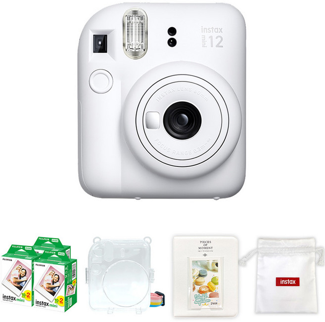 FUJIFILM 富士 instax mini12 拍立得相機 黏土白 + mini 底片 60p + 透明保護殼 + 馬卡龍雙層相簿 隨機出貨 + Logo 收納袋 隨機出貨 套組 instax mini 12, 1套