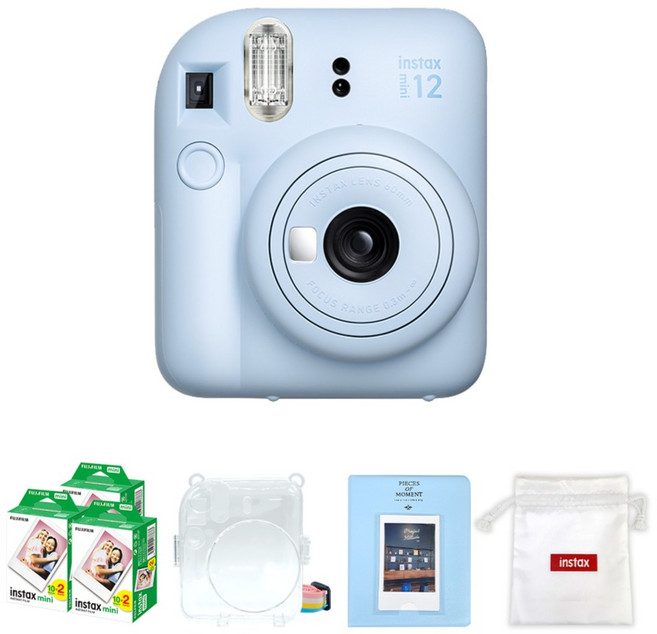 FUJIFILM 富士 instax 拍立得相機 粉藍色 + mini底片 60張 + 透明保護殼 + 馬卡龍雙層相簿 + Logo收納包組合 instax mini 12, 1套