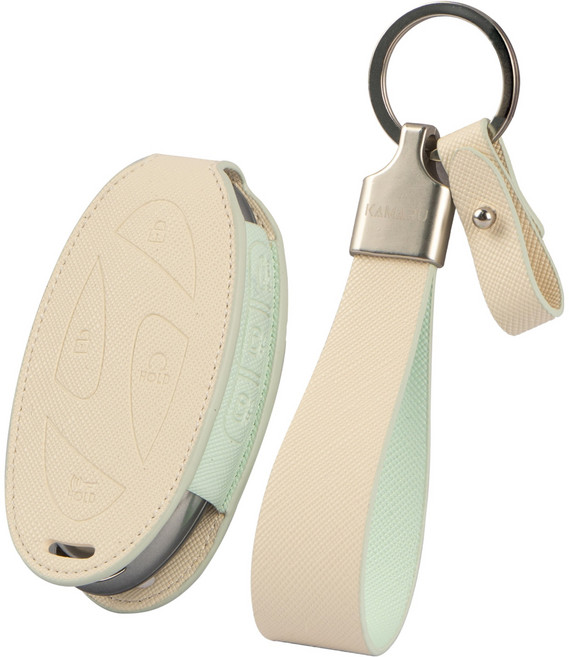 카마루 현대 호환 쏘나타 그랜저 싼타페 팰리세이드 아반떼 스타리아 차량용 가죽 스마트키 키케이스 키홀더, 화이트 + 민트(키케이스), 실버(키링), 현대 H
