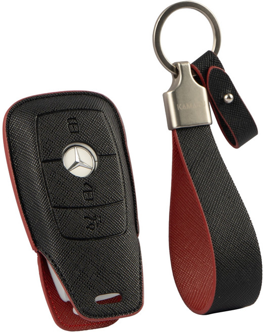 카마루 벤츠 호환 E클래스 C클래스 S클래스 차량용 가죽 키케이스 키홀더, 블랙 + 레드(키케이스), 실버(키링), BENZ B