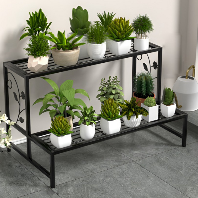 모스터 철제 계단식 베란다 화분정리대 80cm, 2단, 블랙