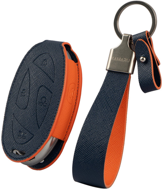 카마루 현대 호환 쏘나타 그랜저 싼타페 팰리세이드 아반떼 스타리아 차량용 가죽 스마트키 키케이스 키홀더, 네이비 + 오렌지(키케이스), 실버(키링), 현대 G