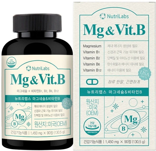 뉴트리랩스 고함량 마그네슘 앤 비타민B 활력 에너지 보충 신경 근육 기능 유지 영양제 130.5g, 90정, 1개 - 쿠팡