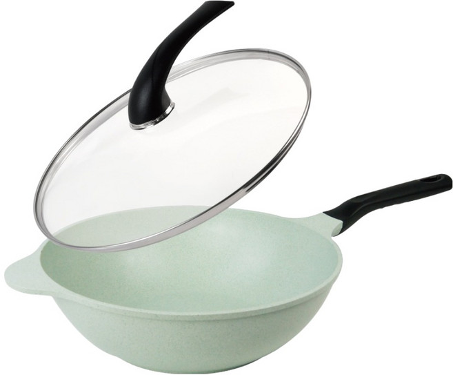MASIONS 美心 翡翠鍋 厚釜鑄造IH玉石翡翠不沾鍋 加深炒鍋 + 直立式玻璃蓋, 32cm, 1個, 綠色