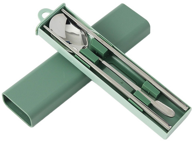 도토 식도락 휴대용 수저세트, 그린(케이스), 스텐(수저), 1개, 수저 1벌 + 케이스