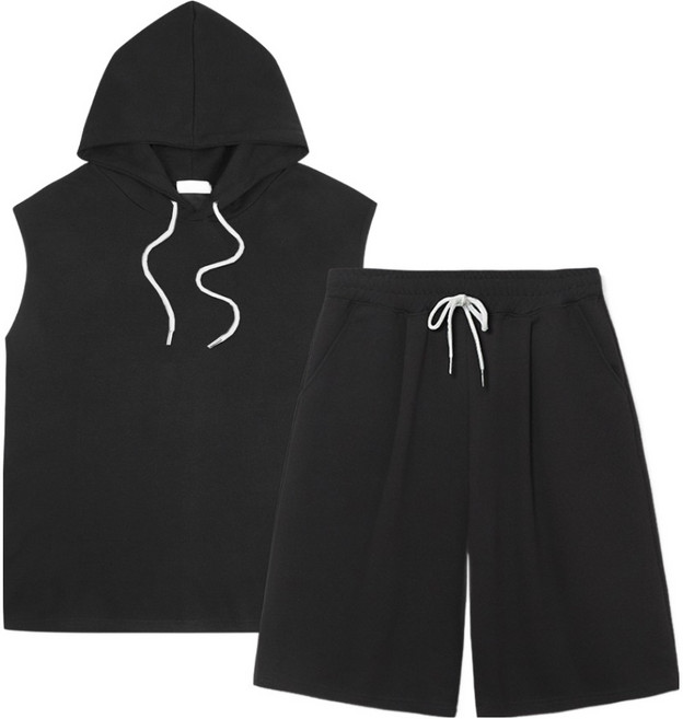 일루소 남녀공용 특양면 무지 오버핏 민소매 후드티 + 버뮤다 원턱 트레이닝 반바지 상하의 세트