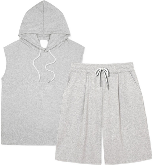 일루소 남녀공용 특양면 무지 오버핏 민소매 후드티 + 버뮤다 원턱 트레이닝 반바지 상하의 세트