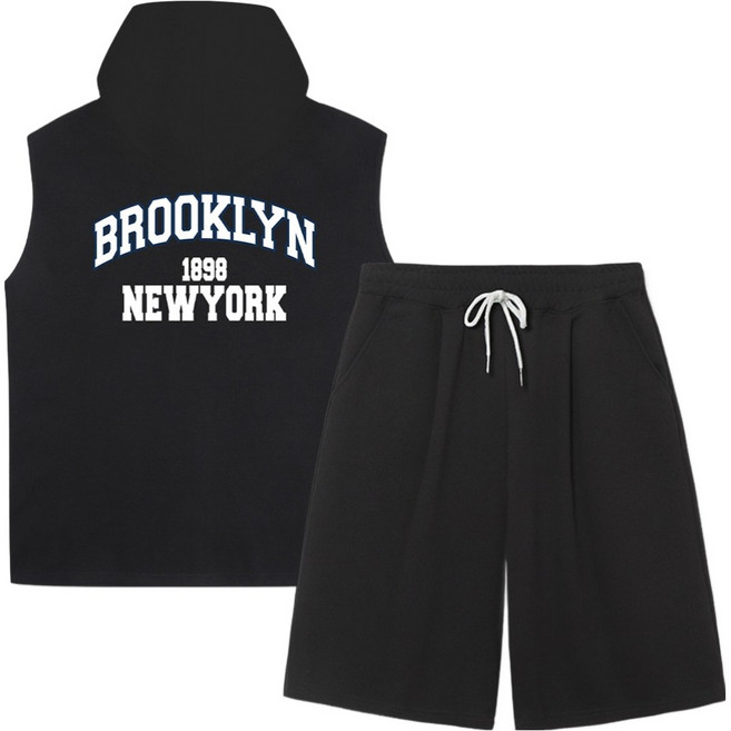 일루소 특양면 브루클린1898 오버핏 민소매 후드티 버뮤다 원턱 트레이닝 반바지 상하의 세트