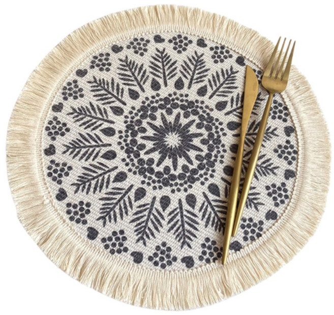 波西米亞編織棉餐墊, 墨葉森語 米白色 + 黑色, 1個, 33cm