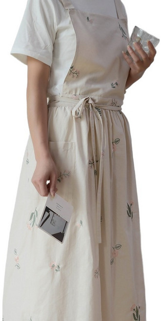 아티홈 플라워 자수 패턴 앞치마, 베이지 플라워, 1개