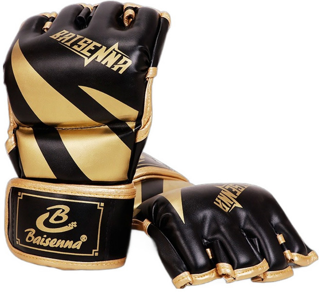 BAISENNA 이안랩 MMA 복싱 무에타이 종합격투기 글러브 양손착용 세트, 01 몰딩 하프핑거 블랙 앤 골드, 1세트