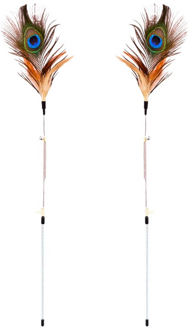 둥둥펫 고양이 낚시대 화려한 공작깃털 롱스틱 장난감, 랜덤발송, 2개