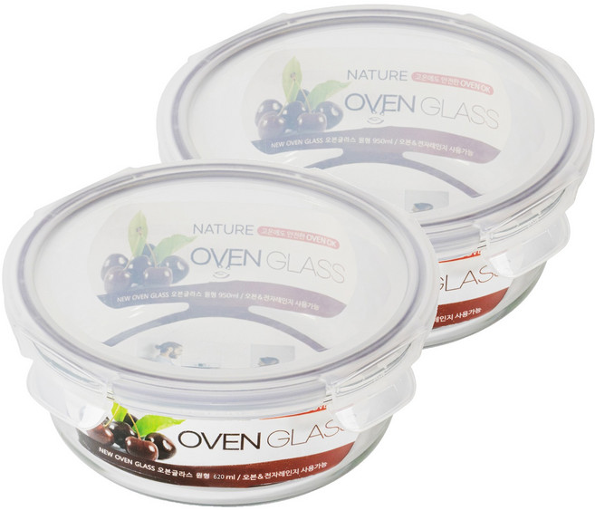 발룬피니 내열 강화유리 원형 밀폐용기, 2개, 620ml