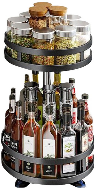 Osun 吸盤金屬雙層調料檯/料理轉盤收納架/廚房置物架 CE480 25 x 25 x 43~59cm, 黑色, 1個