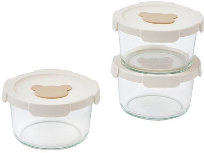 글라스락 베이비 곰돌이캡 원형 이유식 보관용기, 520ml, 3개