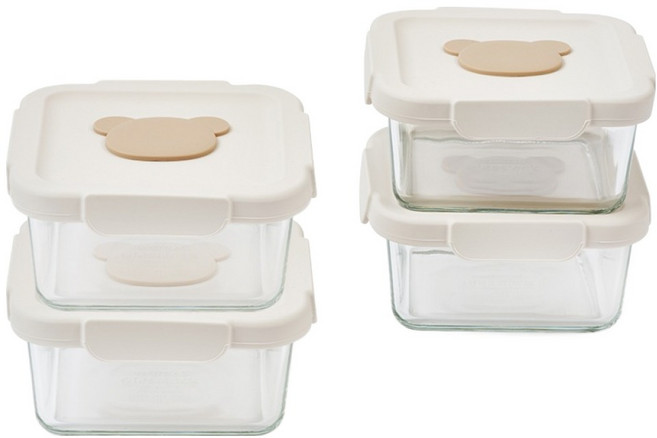 글라스락 베이비 곰돌이캡 정사각 이유식 보관용기, 450ml, 4개