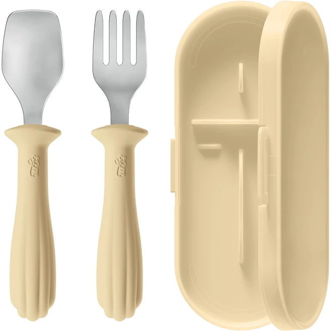 티지엠 유아용 조가비 이지그립 실리콘 스테인리스 자기주도 이유식 스푼 포크 케이스 세트, 베이지, 1세트, 스푼 + 포크 + 케이스 - 쿠팡