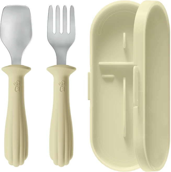 티지엠 유아용 조가비 이지그립 실리콘 스테인리스 자기주도 이유식 스푼 포크 케이스 세트, 올리브, 1세트, 스푼 + 포크 + 케이스 - 쿠팡