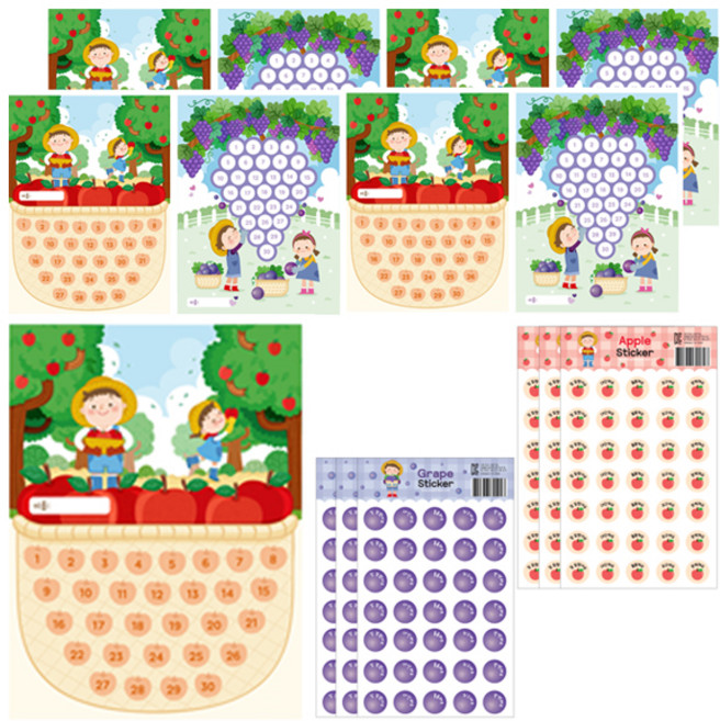 슈퍼쌤 양면 칭찬 사과 포도 스티커판 9p+ 사과 스티커 3p + 포도 스티커 3p 세트, 혼합색상, 1세트